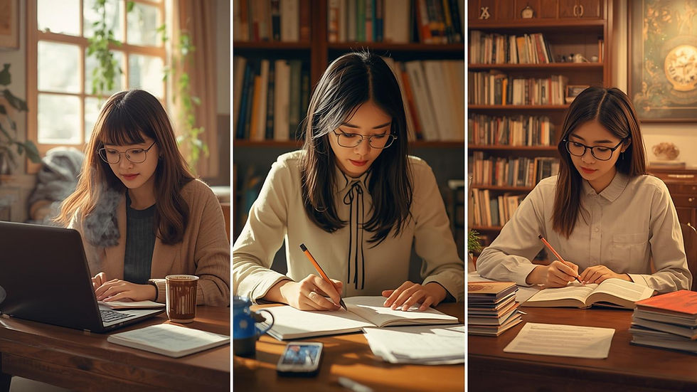 Three women studying in cozy library settings. Each is focused on tasks: typing, writing, reading. Warm tones, books in background.