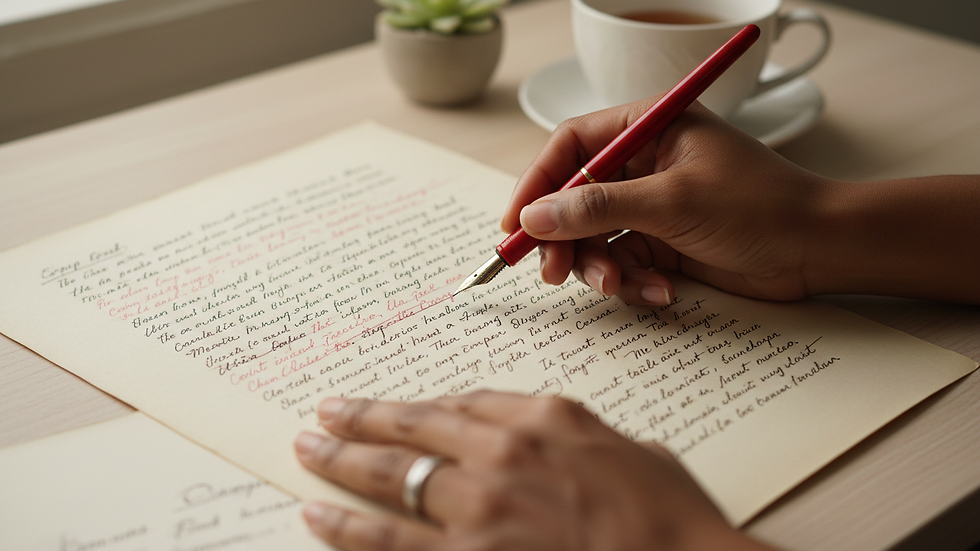 Close-up view of a manuscript with handwritten editing notes in red ink