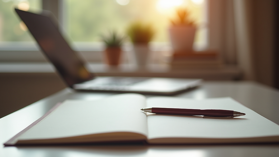 Eye-level view of a cozy writing nook with a notebook and pen