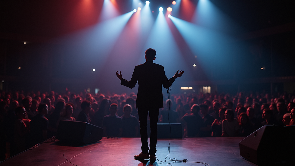 Eye-level view of a musician performing on stage