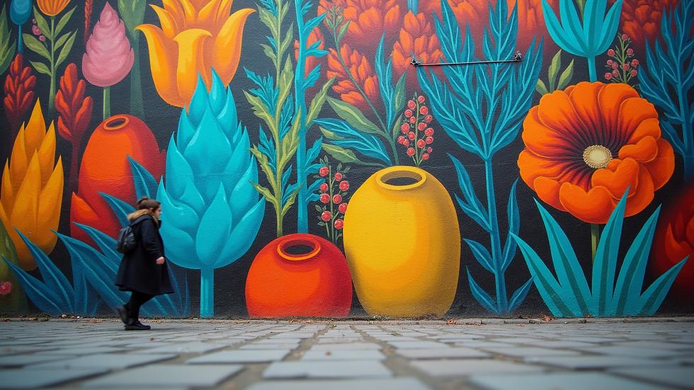 Eye-level view of a vibrant mural showcasing artistic expression
