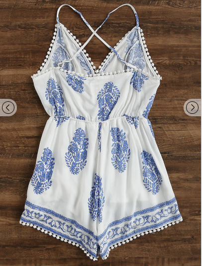 Thumbnail: Leaf Print Criss Cross Back Pom Pom Romper