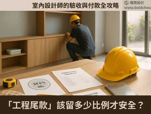 寫實風格的室內裝修驗收情境,桌上攤開的工程合約、驗收清單與捲尺,旁邊放著安全帽與樣品色卡,現場為接近完工的現代風客廳,木作與油漆收尾中,陽光從落地窗灑入。