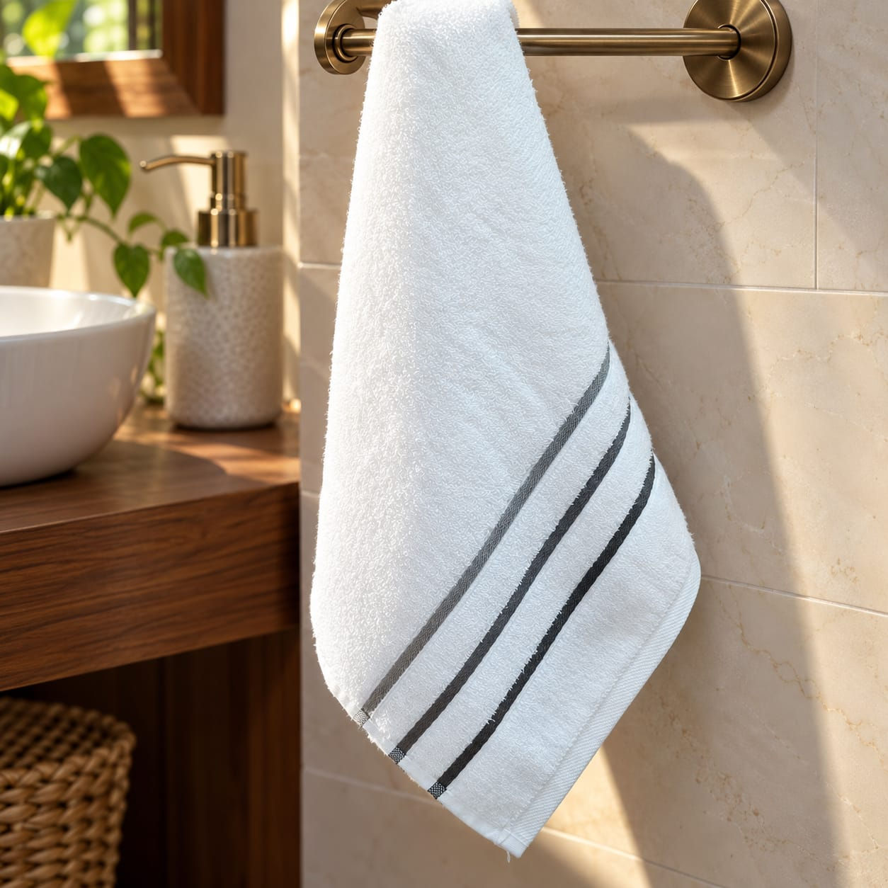 Luxe Stripe Hand Towel – White withBeige