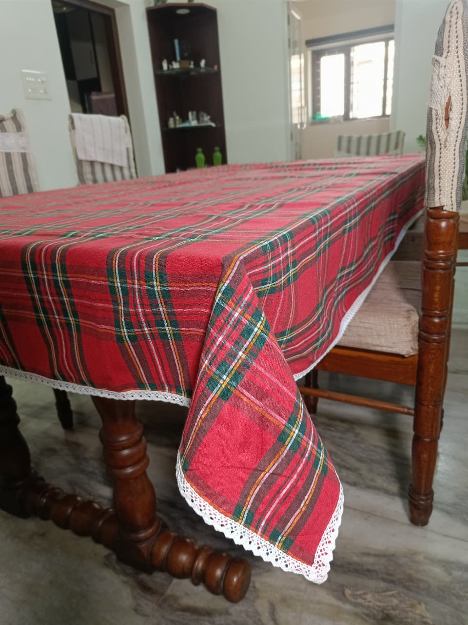 Thumbnail: Red Tartan – Festive Check Table Cloth with Crochet Lace Border