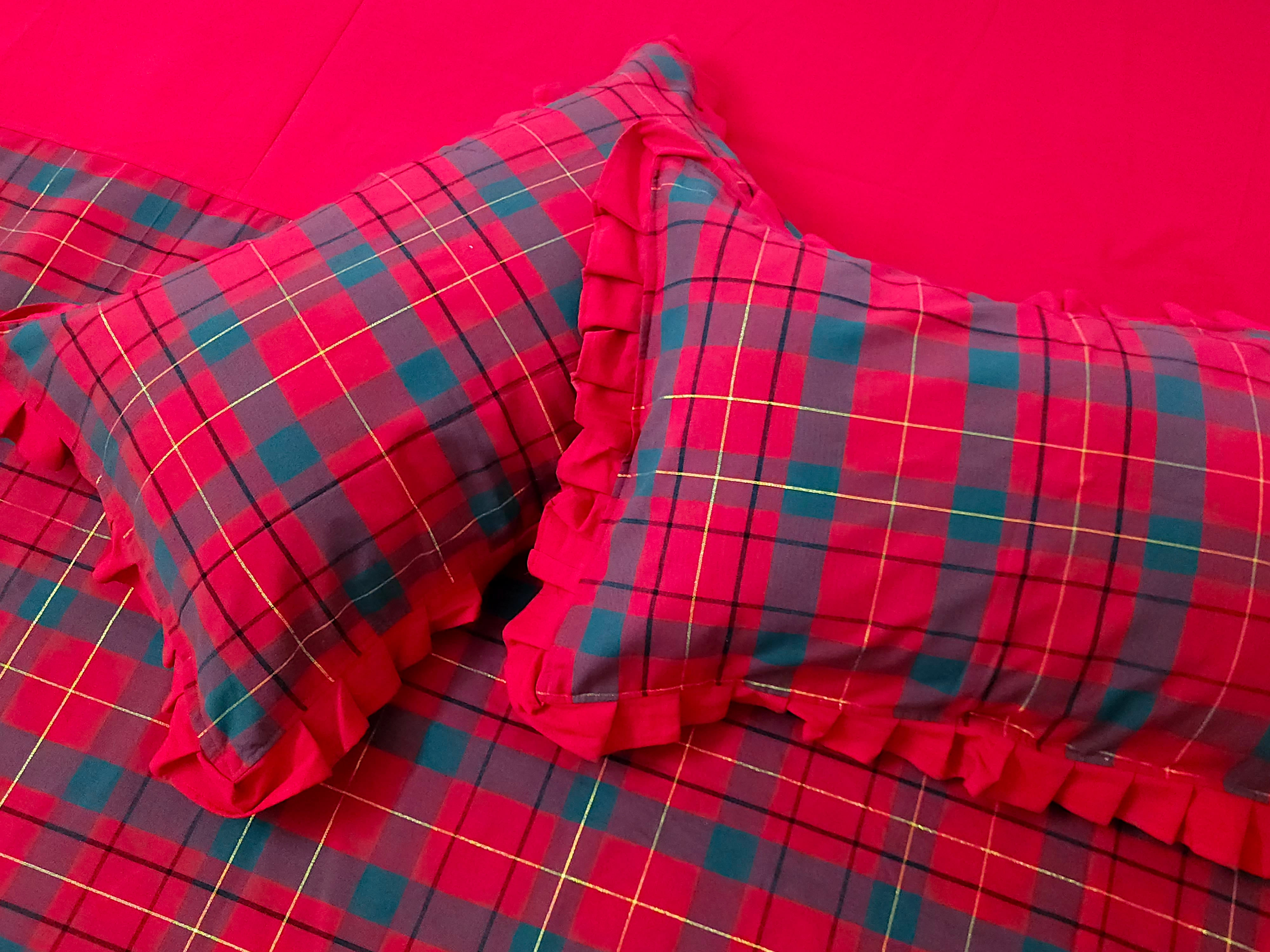  Christmas Check Frilled  Bedsheet with 2 Pillow cases