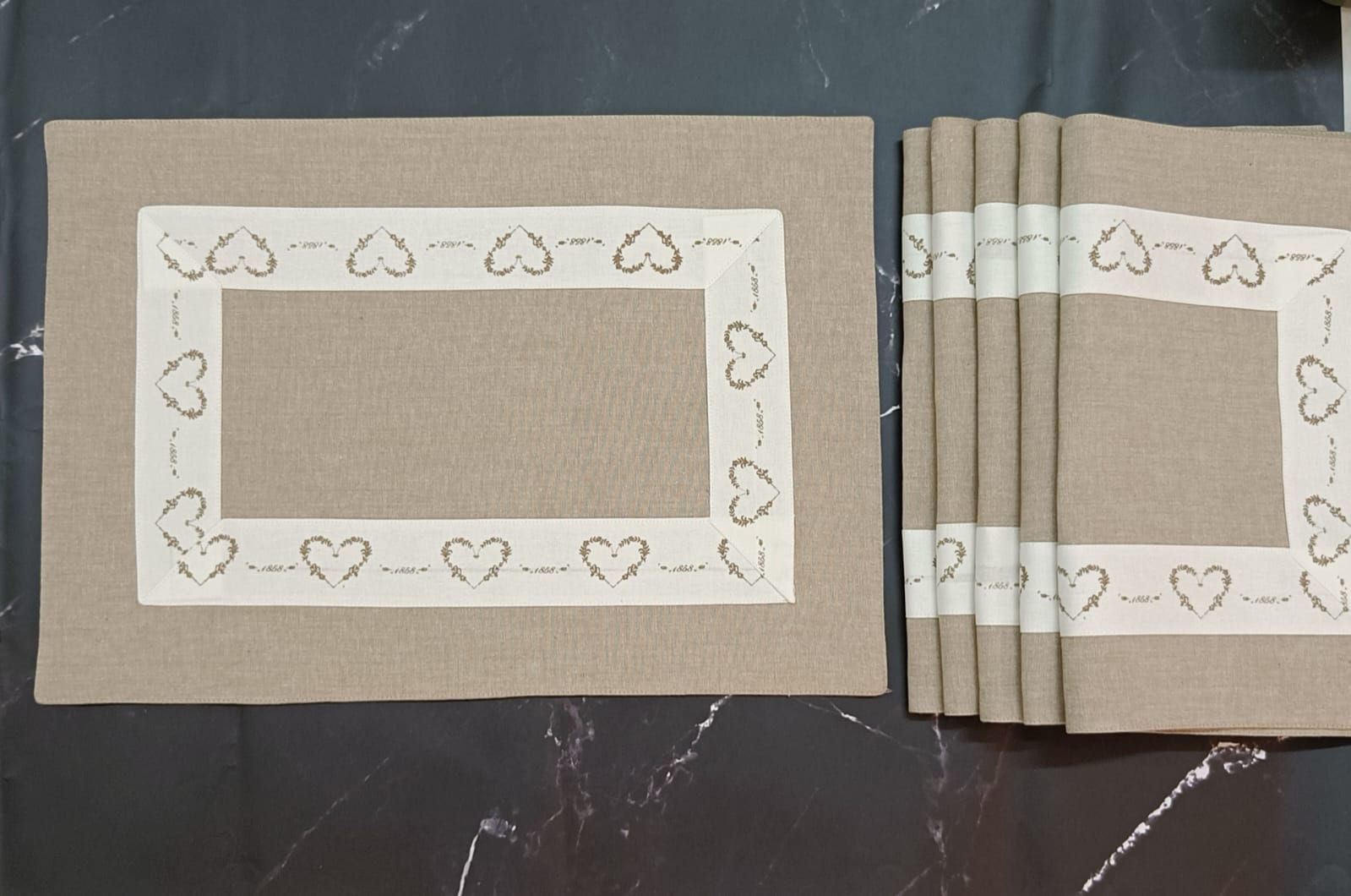 Beige Linen Heart Border Cotton Placemat - 6 Pcs Set