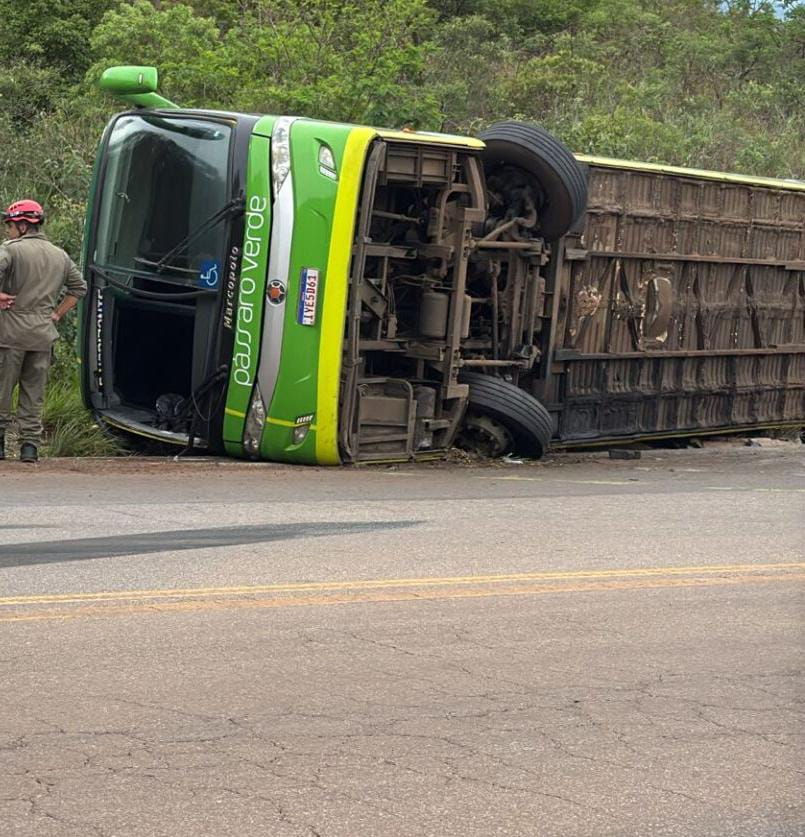 Ônibus verde tombado na rodovia, com um homem ao lado e vegetação ao fundo; texto passaro verde visível.