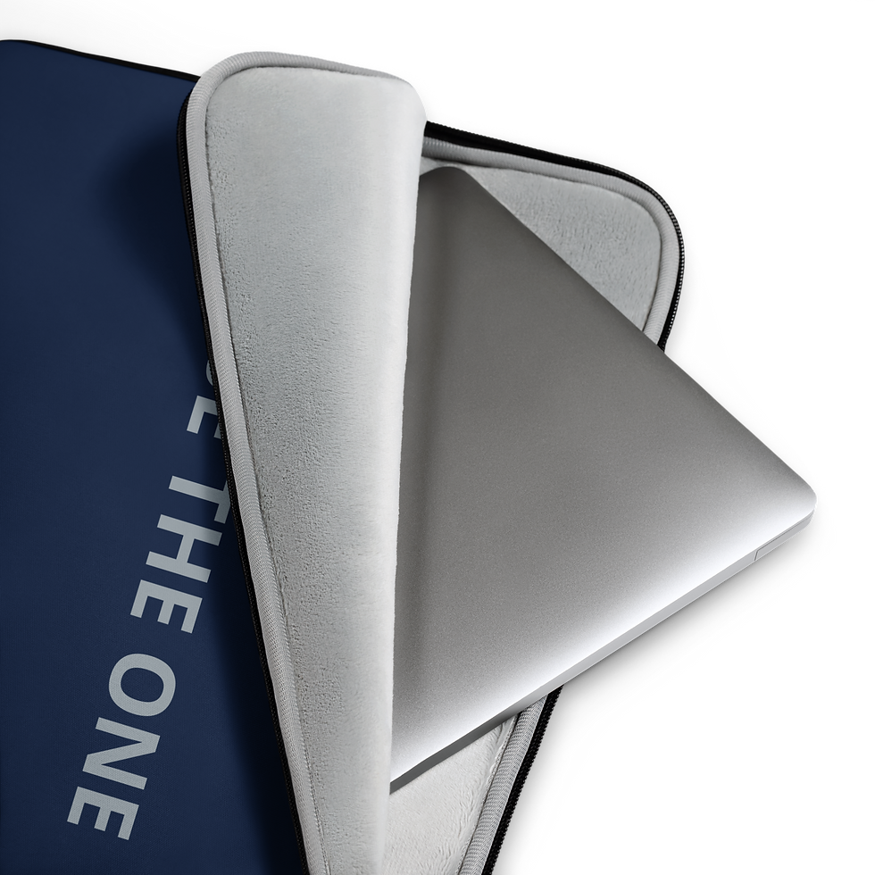 Navy laptop sleeve featuring the statement BE THE ONE.
