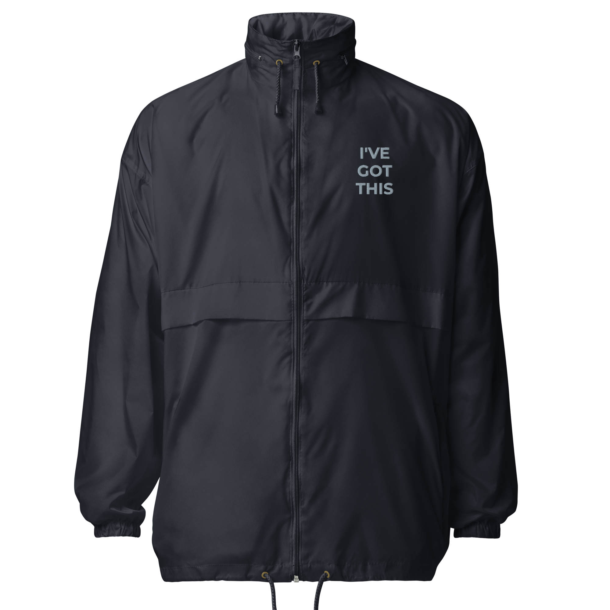 Navy embroidered windbreaker featuring the statement I'VE GOT THIS.
