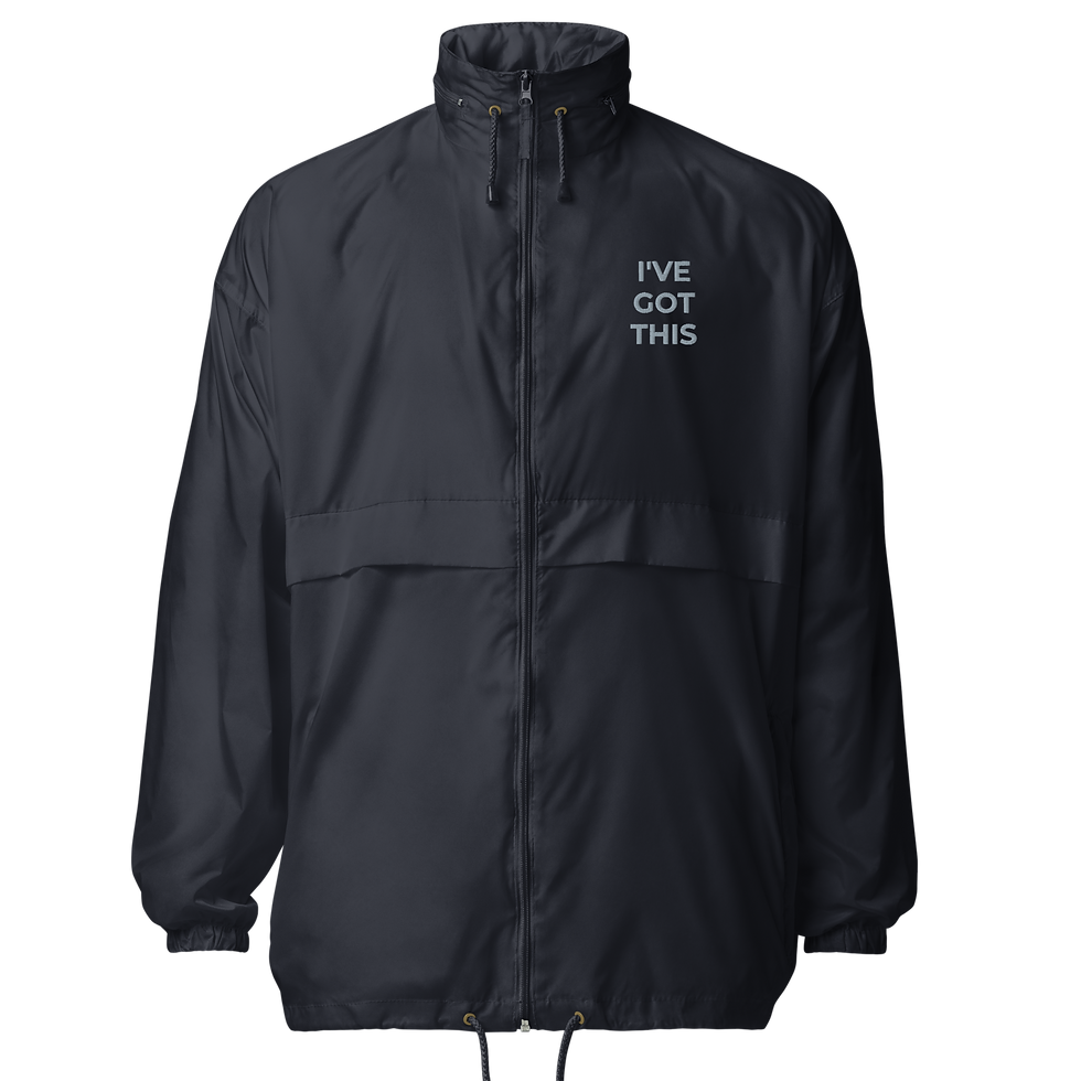 Navy embroidered windbreaker featuring the statement I'VE GOT THIS.