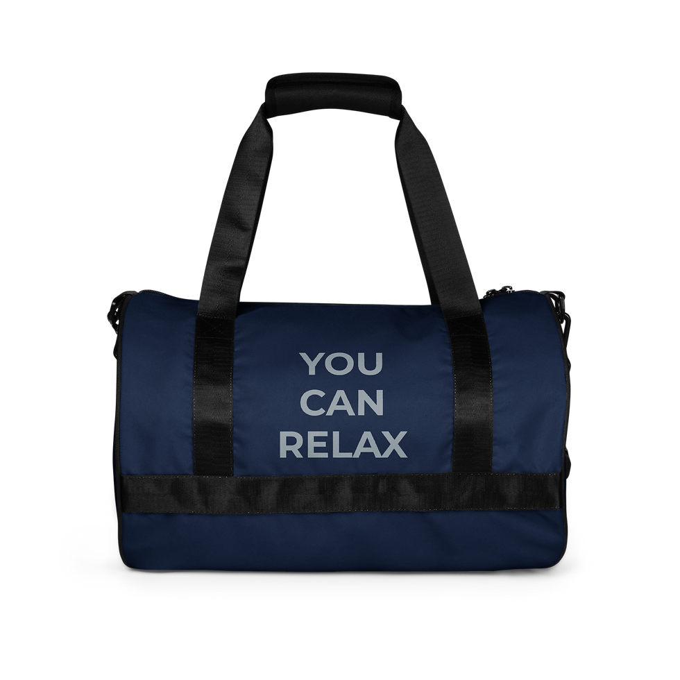 Navy gym bag featuring the statement YOU CAN RELAX.