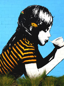 Mural of a young girl sipping from a cup, reflecting innocence contrasted with the hidden battles of bipolar disorder, ADHD, and treatment-resistant depression.