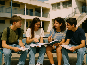 Подростки — местные и новые репатрианты — сидят на школьной скамейке и общаются, разглядывая тетради; школа Израиля начала 90-х.