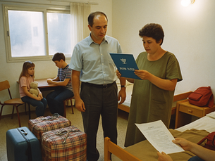 Семья репатриантов в мерказ клитá в первые дни после приезда: небольшая комната, простая мебель, чемоданы и ощущение нового начала.