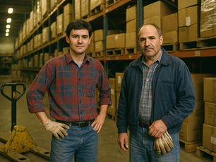 Два грузчика-репатрианта на израильском складе 1990-х годов: стеллажи, коробки и рабочая атмосфера первого трудового опыта.