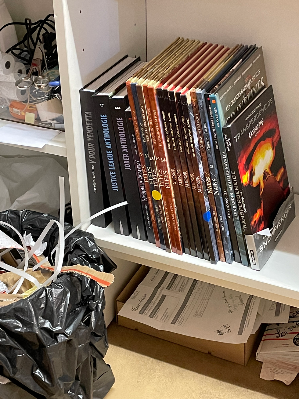 Comics rangés près d'une poubelle