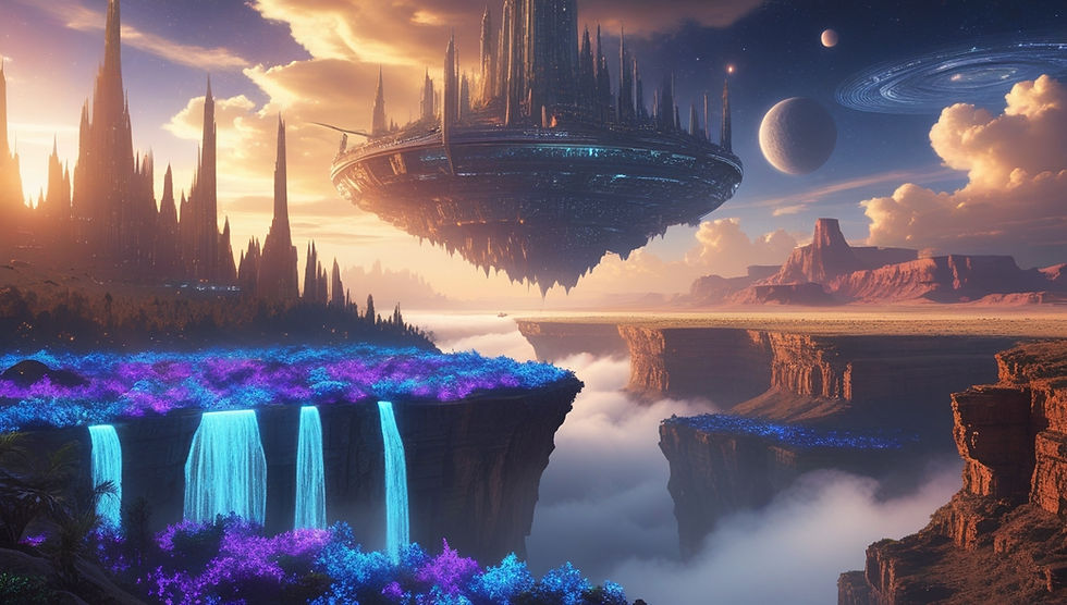 Imagem de um cenário cinematográfico com uma cidade flutuante iluminada pelo pôr do sol, florestas bioluminescentes e uma megastructura futurista esculpida em penhascos.