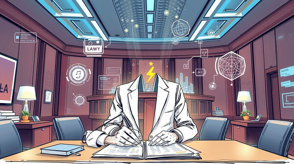 Ilustração futurista de um advogado usando inteligência artificial para revisar documentos jurídicos, analisar contratos e otimizar a argumentação em um escritório digital de alta tecnologia.