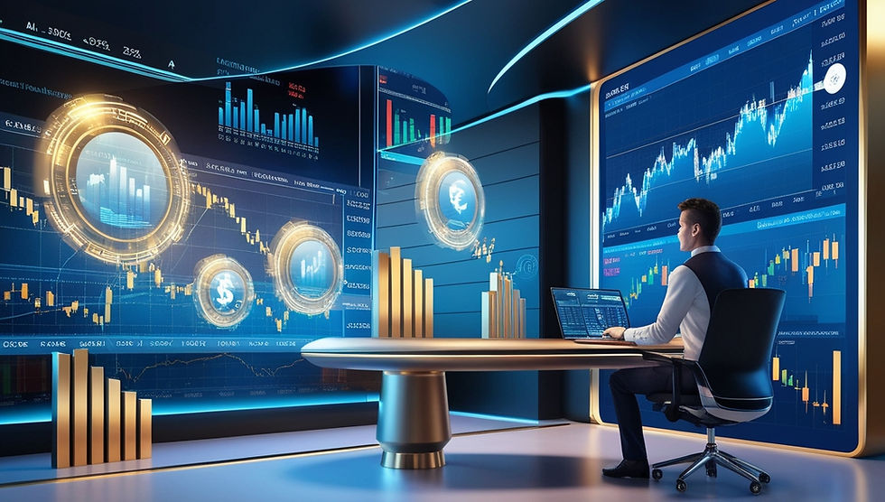 Ilustración futurista de un inversionista utilizando inteligencia artificial para el análisis de mercado, optimización de portafolios y predicciones financieras en un entorno digital avanzado.