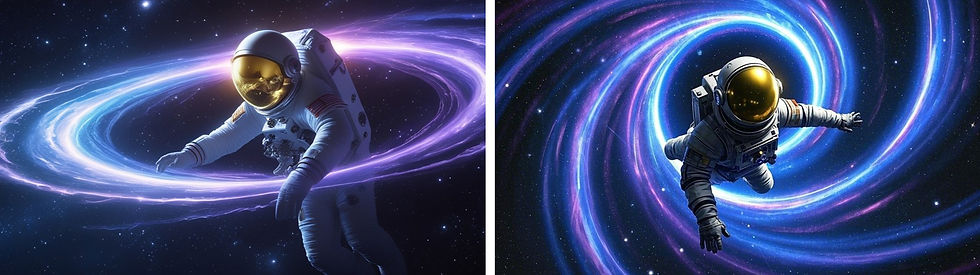 Imagem dupla comparando Leonardo AI e Dreamina na interpretação de um astronauta flutuando no espaço, diante de um vórtice cósmico pulsante em tons elétricos de azul e violeta.