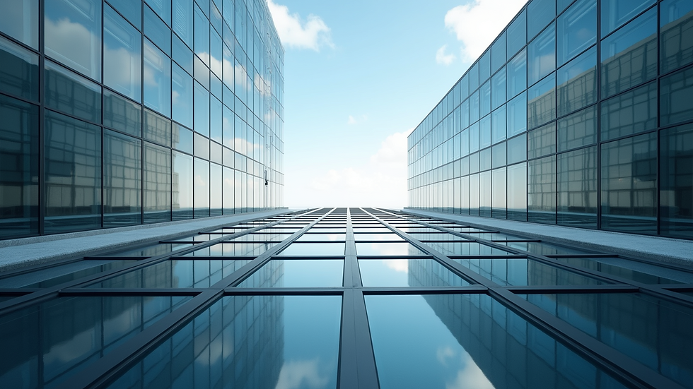 Eye-level view of a modern office building reflecting the sky