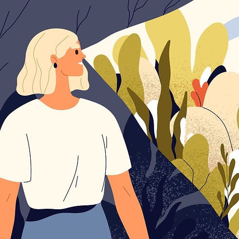 A woman who has managed to combat her psychological issues and gained optimism for future, metaphorically represented by seeing through darkness