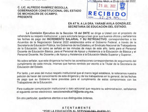 Pide Sección 18 del SNTE al Gobierno de Bedolla, fije plazos de pagos del incremento salarial