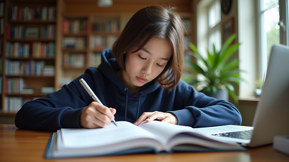 Eye-level view of a student studying with books and a laptop