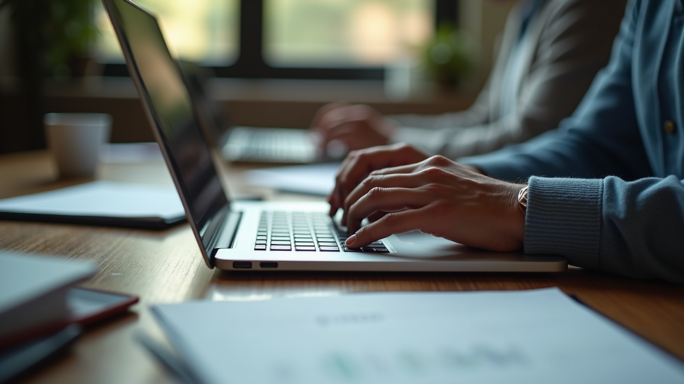 Eye-level view of a veteran preparing a resume on a laptop