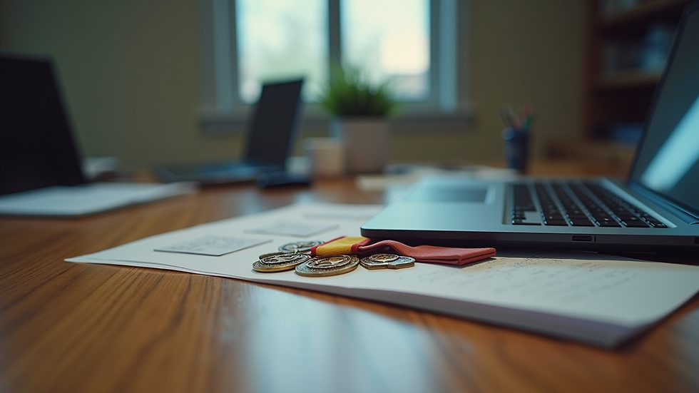 Close-up view of a workplace desk with military service medals and a laptop
