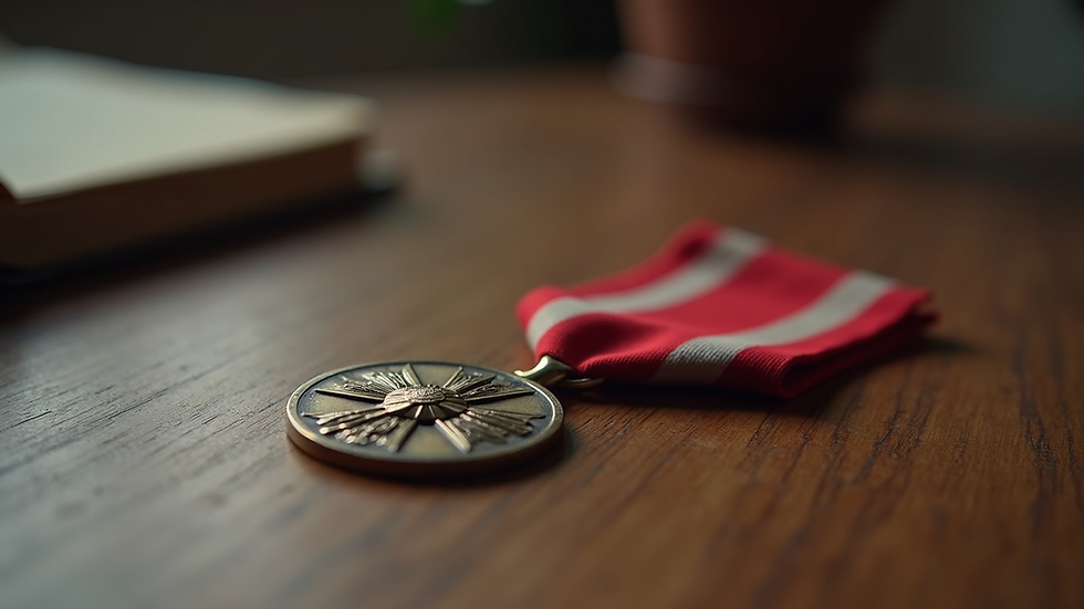 Eye-level view of a military service medal on a wooden table