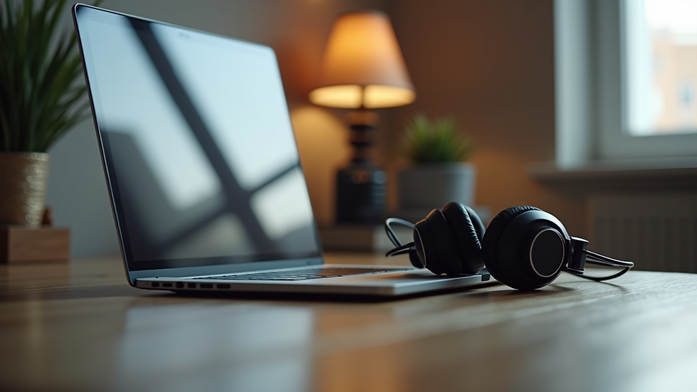 Eye-level view of a calm home office setup with a laptop and headphones