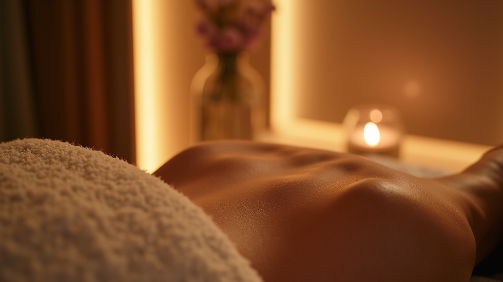 Augenhöhe Blick auf entspannende Massageumgebung mit Kerzenlicht