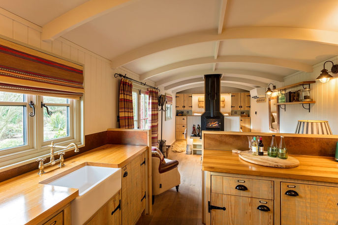 kitchen inside shepherds hut accommodation