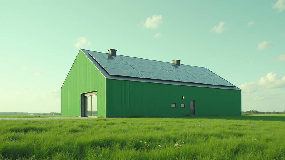Wide angle view of a modern green building with solar panels