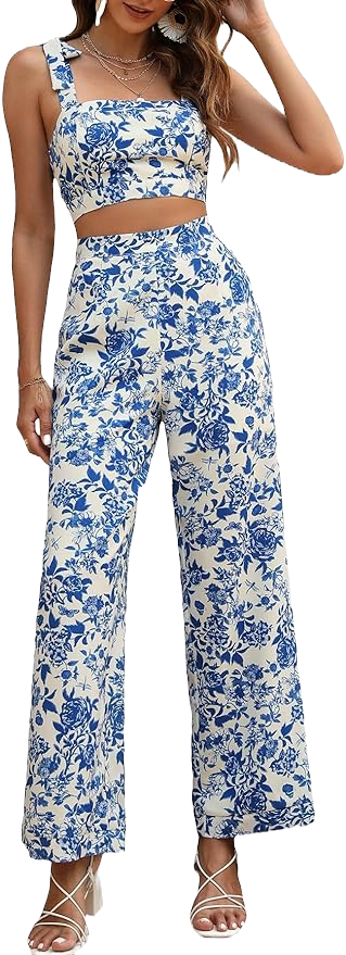 Amazon Floerns Women's 2 Piece Summer Boho Floral Print Knot Shoulder Zip Back Crop Cami Top and Maxi Pants Set