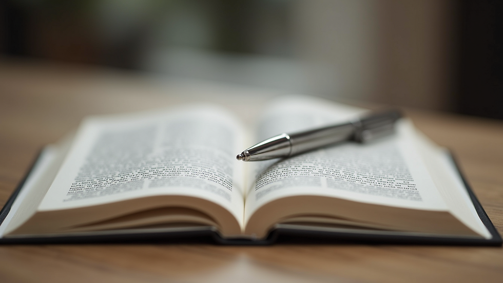 Close-up view of an open book with a pen resting on the pages