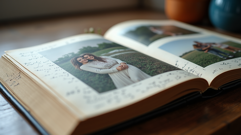Close-up view of a photo album with printed pictures and handwritten notes