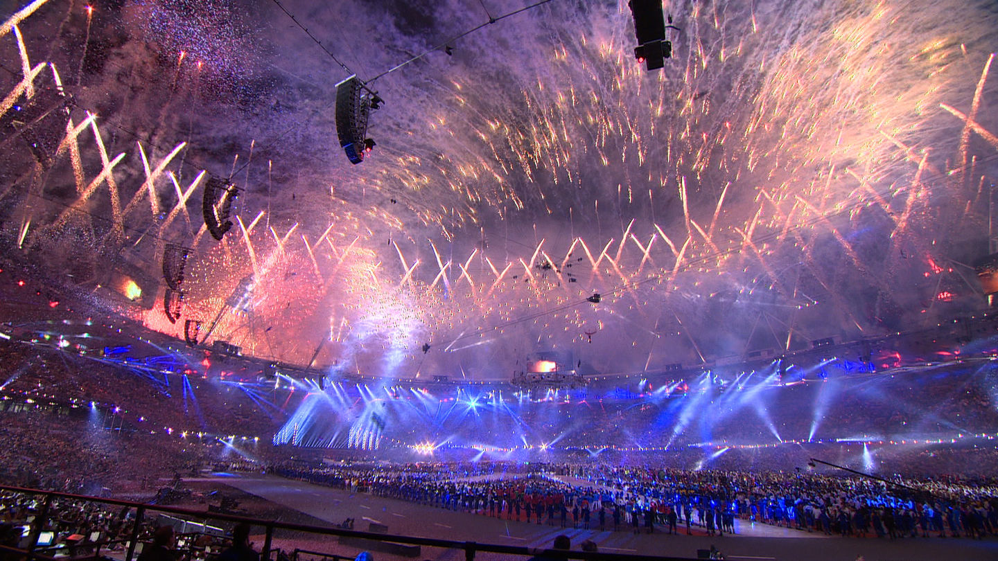 Fireworks fill the sky over the London Olympic stadium