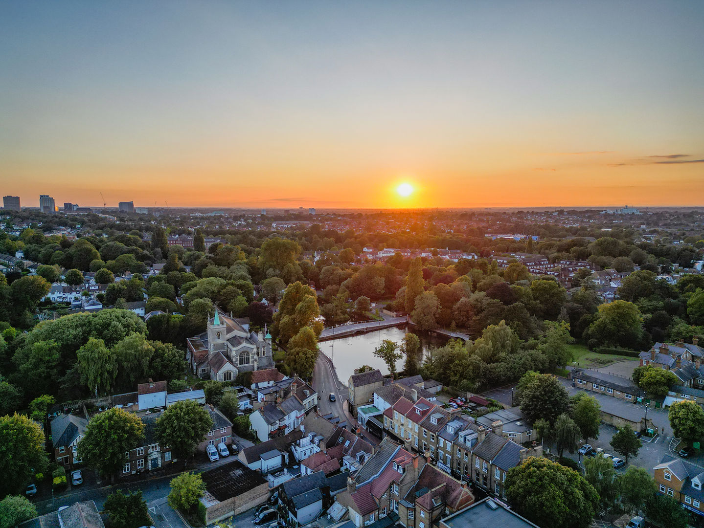Sunset over Carshalton Village and ponds, Surrey