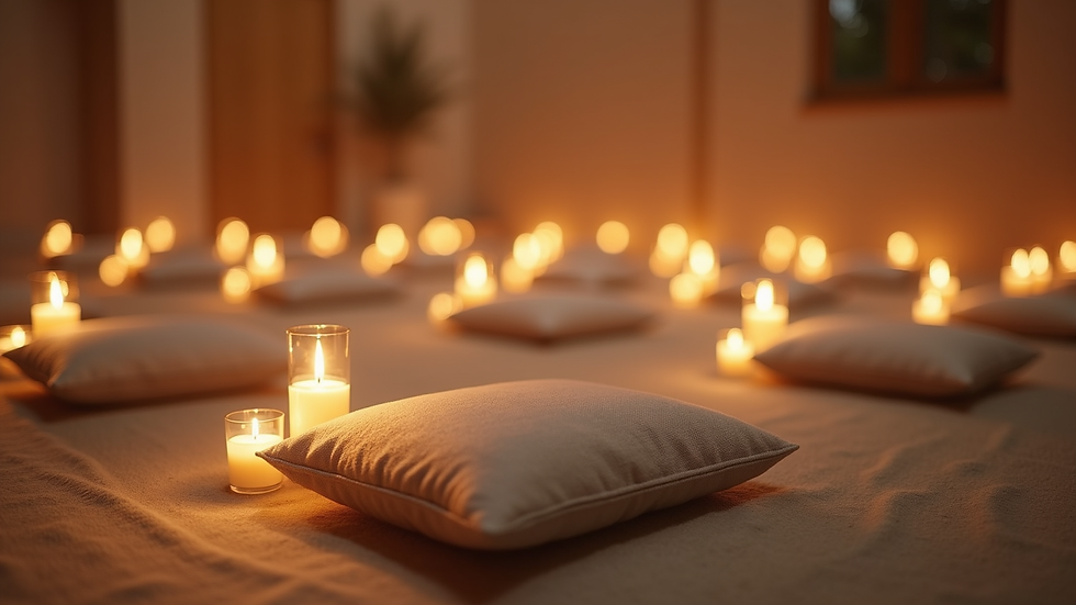 Close-up view of a softly lit meditation space with cushions and candles