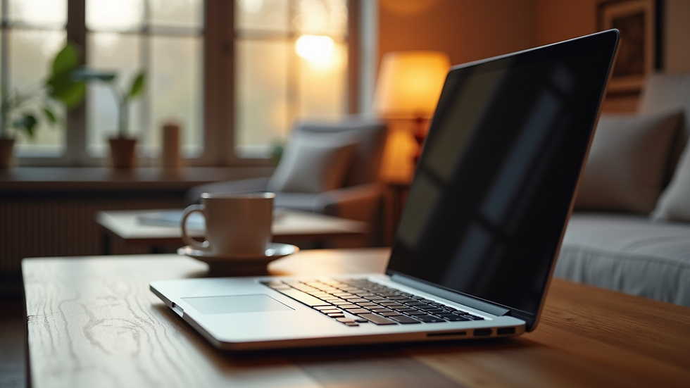 Eye-level view of a cozy living room with a laptop on a wooden table