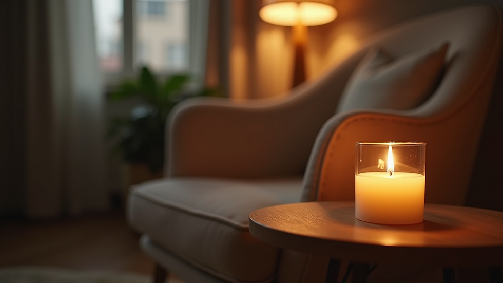 Close-up view of a softly lit candle beside a comfortable chair