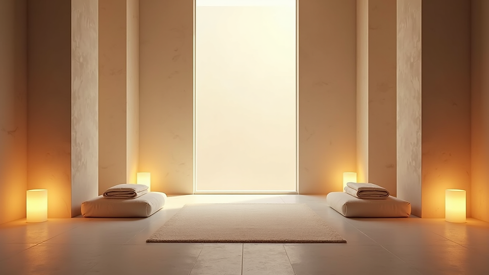 Eye-level view of a tranquil meditation room with soft lighting