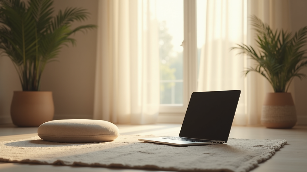 Close-up view of a softly lit room with a meditation cushion and a laptop