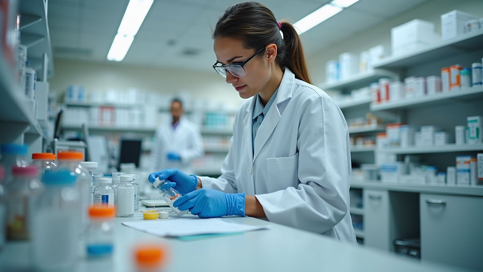 Close-up view of a pharmacist preparing custom medication in a compounding pharmacy