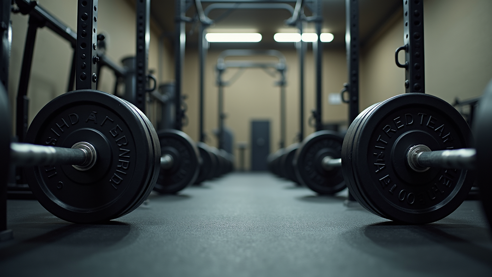 Eye-level view of a gym squat rack with weights