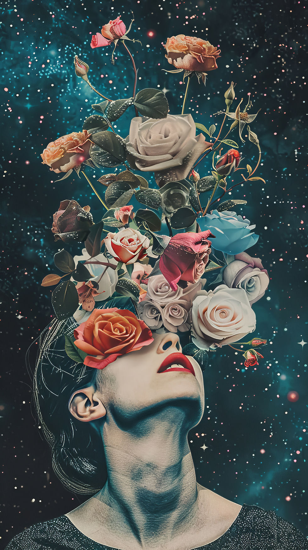 surreal-portrait-woman-with-flowers-blooming-from-her-head-fantasy-art-with-cosmic-backgro