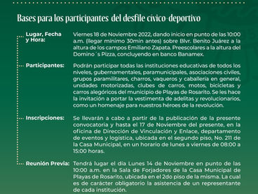 CONVOCA GOBIERNO DE ROSARITO A PARTICIPAR EN EL DESFILE POR ANIVERSARIO DE LA REVOLUCIĆN MEXICANA